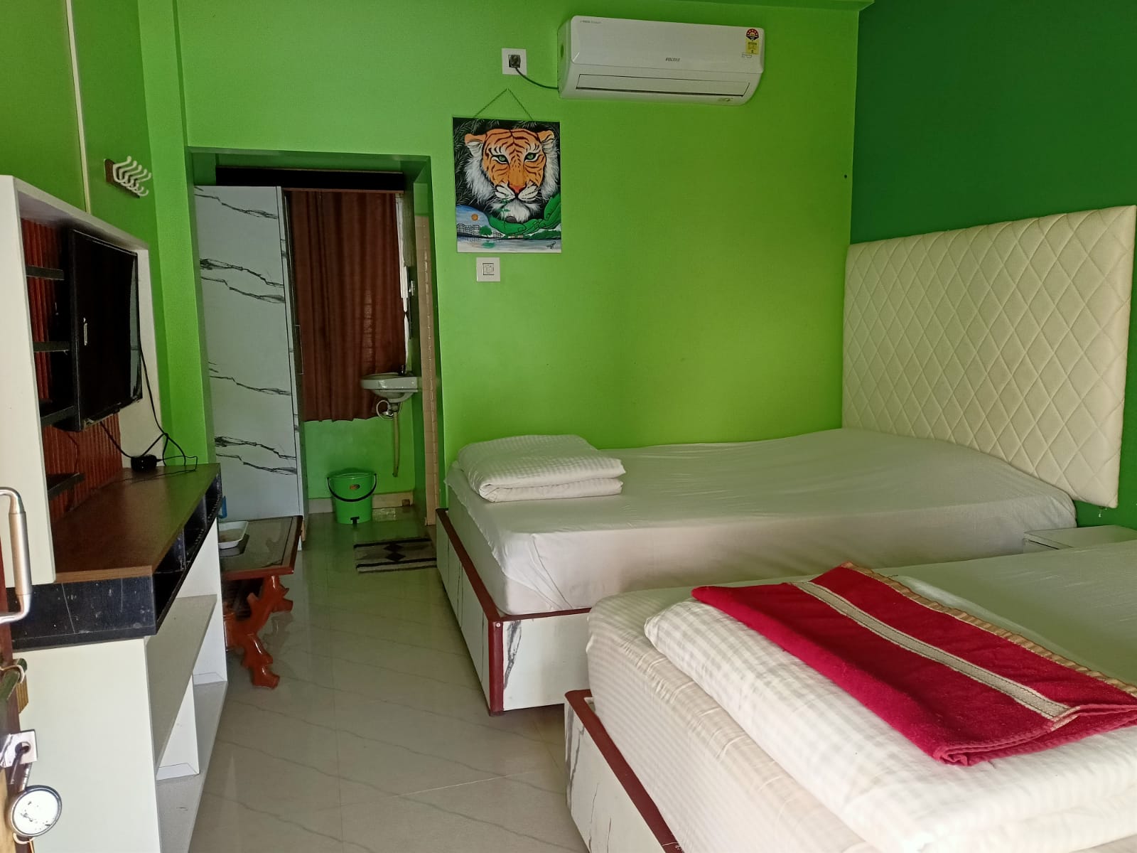 Bright twin-bed room with TV and attached bathroom