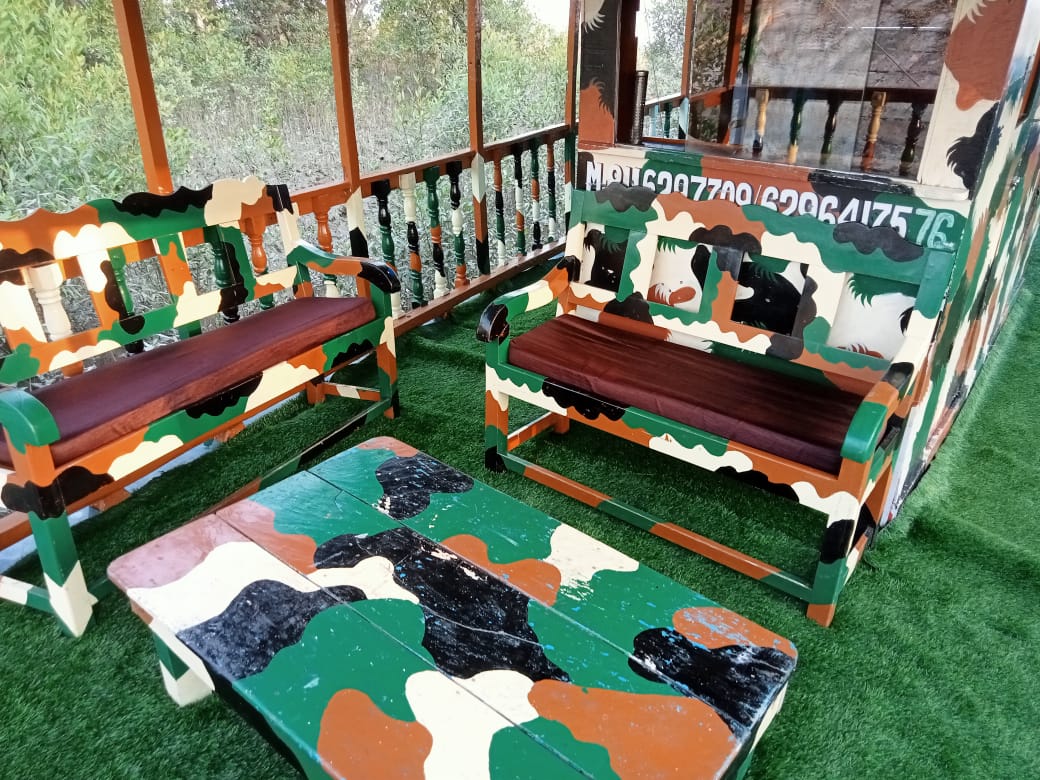 Hand-painted wooden benches in the boat's seating area